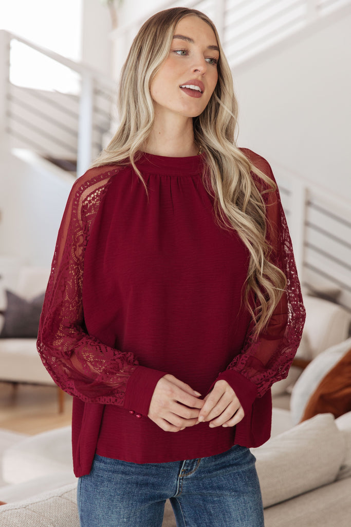 Red Wine Lace Sleeve Blouse